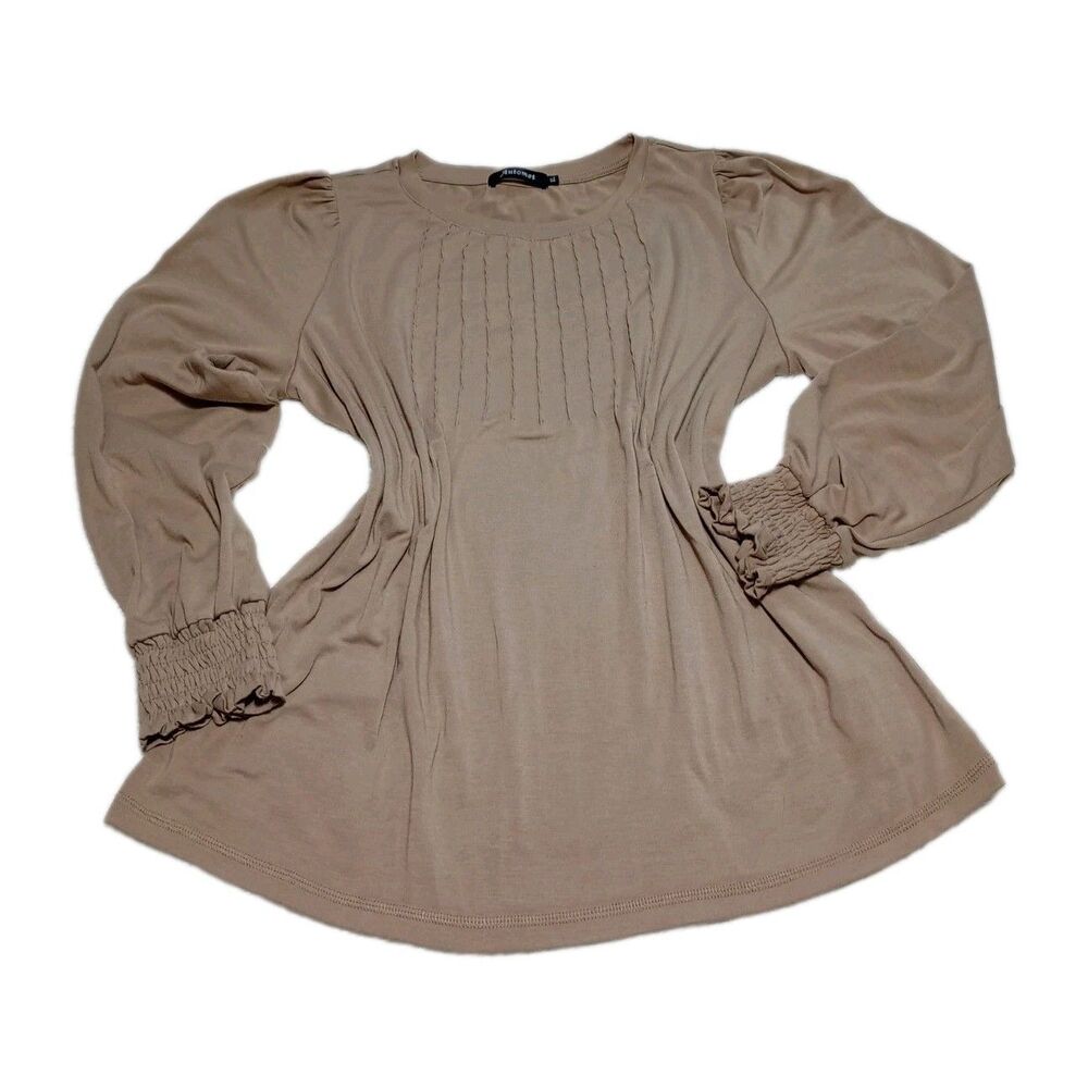 Automet Womens Long Sleeve Pleated Blouse Smocked Cuffs Tan Beige Top Size XL